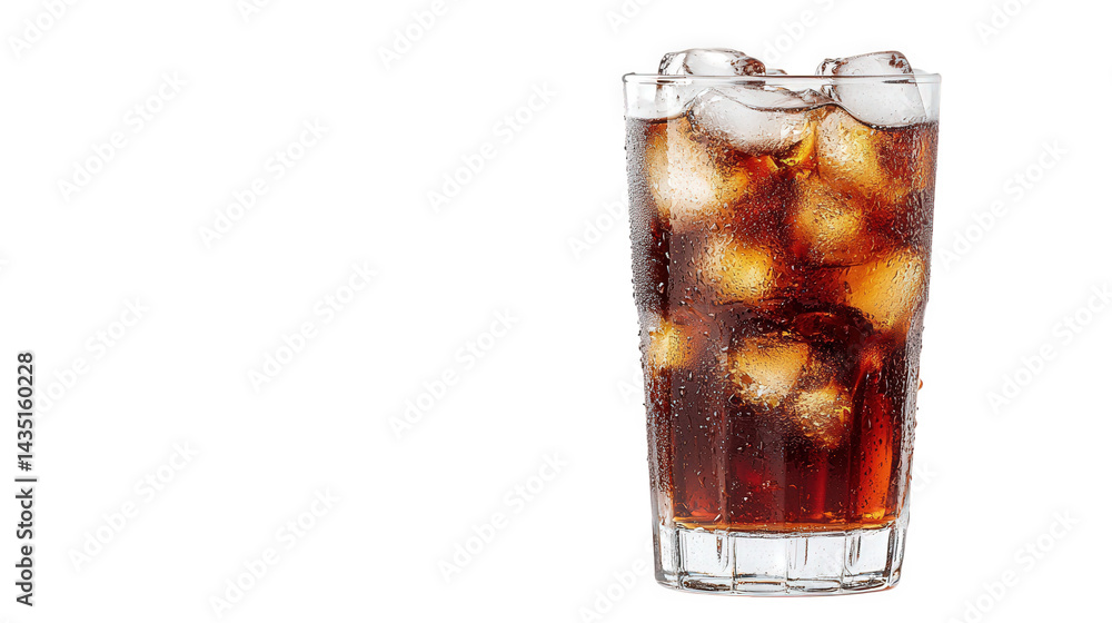a refreshing glass of dark soda filled with ice cubes. showcasing condensation on the outside. suggesting a chilled beverage perfect for quenching thirst the clean white background emphasizes the drin a refreshing glass of dark soda filled with ice cubes. showcasing condensation on the outside. suggesting a chilled beverage perfect for quenching thirst the clean white background emphasizes the drin