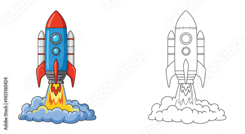 Rocket Launch Illustration: A vibrant cartoon rocket blasts off into space, leaving a trail of flames and smoke. The illustration is presented in both colored and outlined versions.