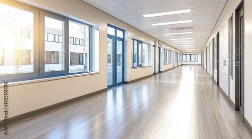 Empty school hallway  sunlight streams through windows