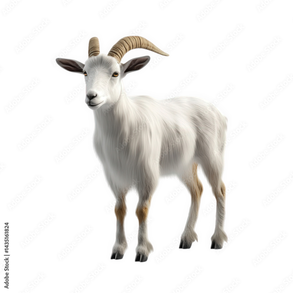 a realistic 3d rendering of a white goat with curved horns. standing on a plain background the goat's fur appears soft and fluffy. showcasing its natural features in a stylized manner. suitable for us a realistic 3d rendering of a white goat with curved horns. standing on a plain background the goat's fur appears soft and fluffy. showcasing its natural features in a stylized manner. suitable for us