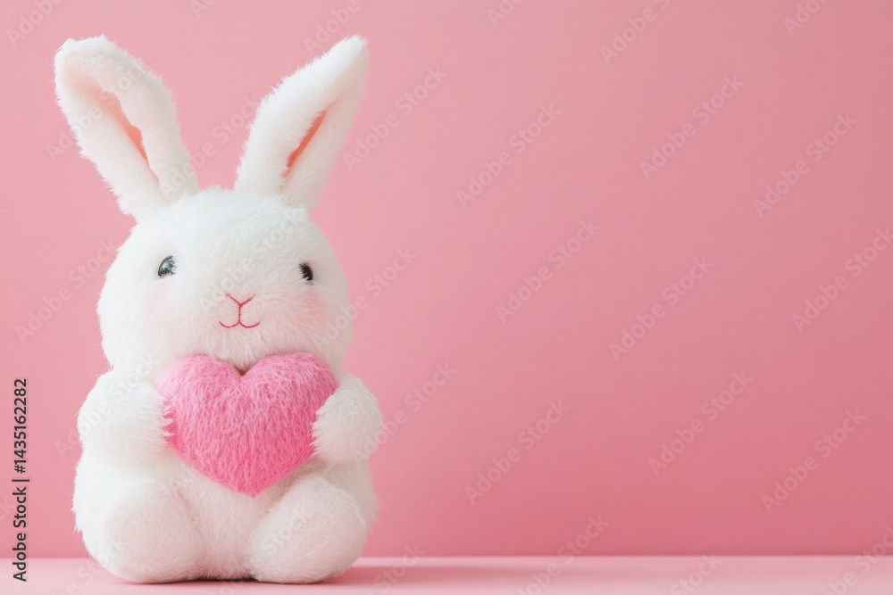 Obraz premium Adorable white plush bunny with pink heart on soft pink background
