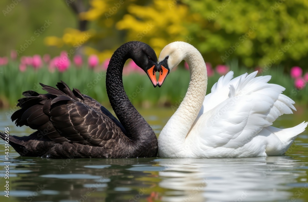 Fototapeta premium image of a black swan and a white swan forming a heart shape with their necks on a vibrant springtime lake