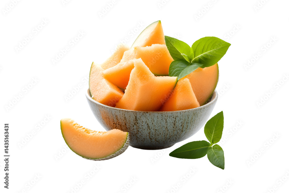Fresh Cantaloupe Melon Slices in Bowl Green Leaves Fresh Cantaloupe Melon Slices in Bowl Green Leaves