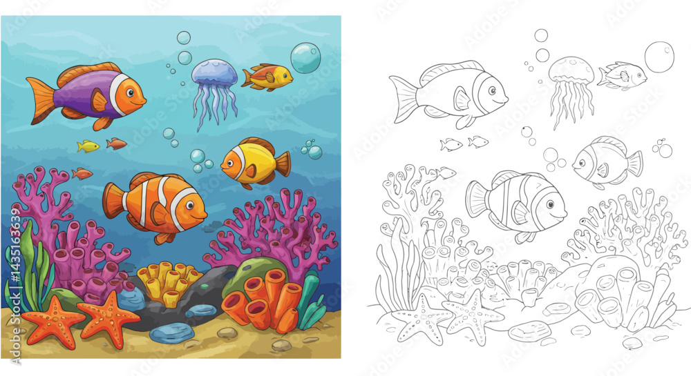 Fototapeta premium Colorful Underwater World: A vibrant underwater scene featuring an array of playful fish, jellyfish, coral, and starfish. The image depicts the beauty of the marine environment.