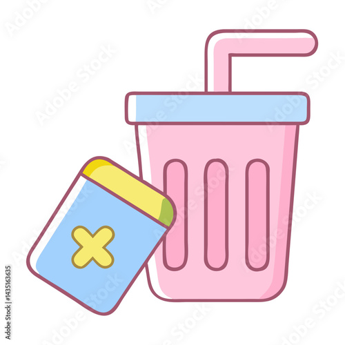 Icon of a pink trash can with a drink straw and a pill box  