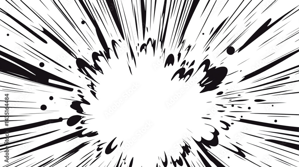 Fototapeta premium Cartoon explosion with speed lines and lightning elements on white background. 