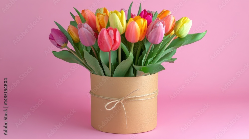 Obraz premium Colorful Tulip Bouquet in Kraft Box on Pink Background