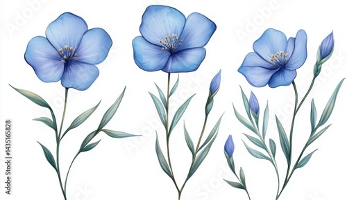 Delicate Light Blue Flax Flowers Watercolor Painting