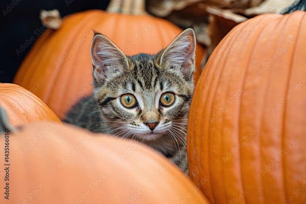 Curious tabby kitten among vibrant orange pumpkins in autumn Curious tabby kitten among vibrant orange pumpkins in autumn