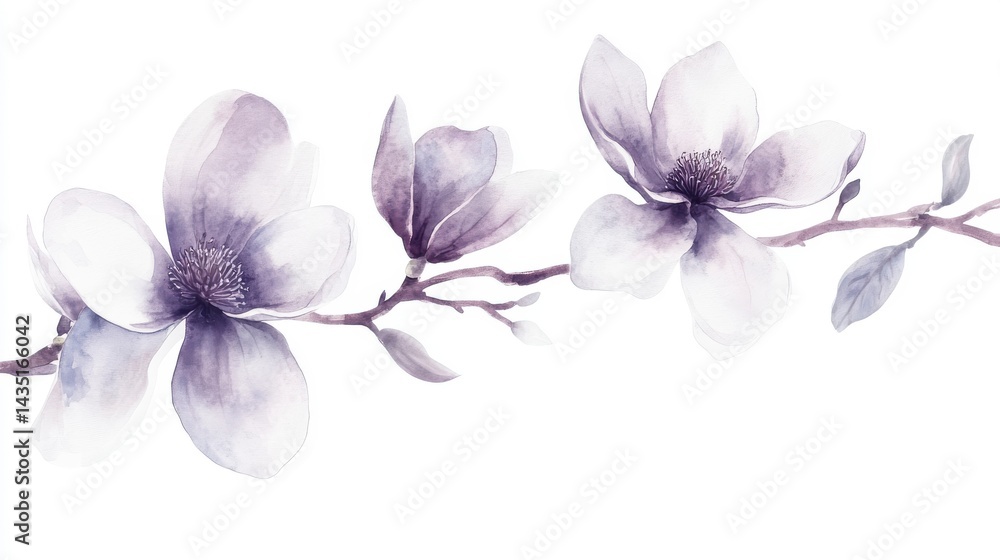 Obraz premium Delicate Watercolor Magnolia Branch with Purple and Gray Blossoms