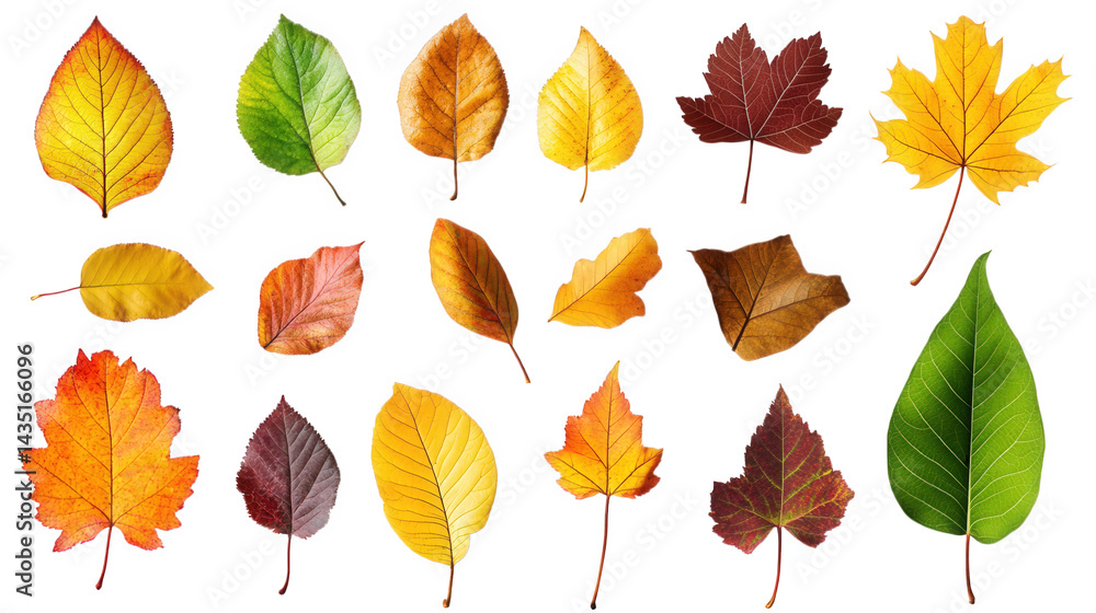 Obraz premium a variety of leaves in different shapes and colors. representing the beauty of nature and the changing seasons the leaves exhibit hues of green. yellow. orange. red. and brown. highlighting the divers