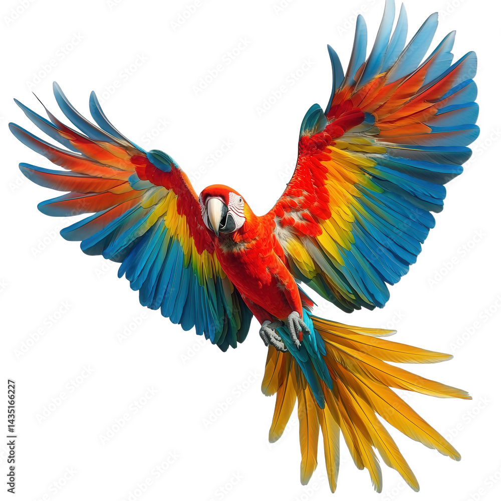 Fototapeta premium a vibrant macaw in flight. showcasing its striking red. blue. and yellow feathers. set against a plain white background the beauty of wildlife and the colorful plumage of the bird. capturing a moment