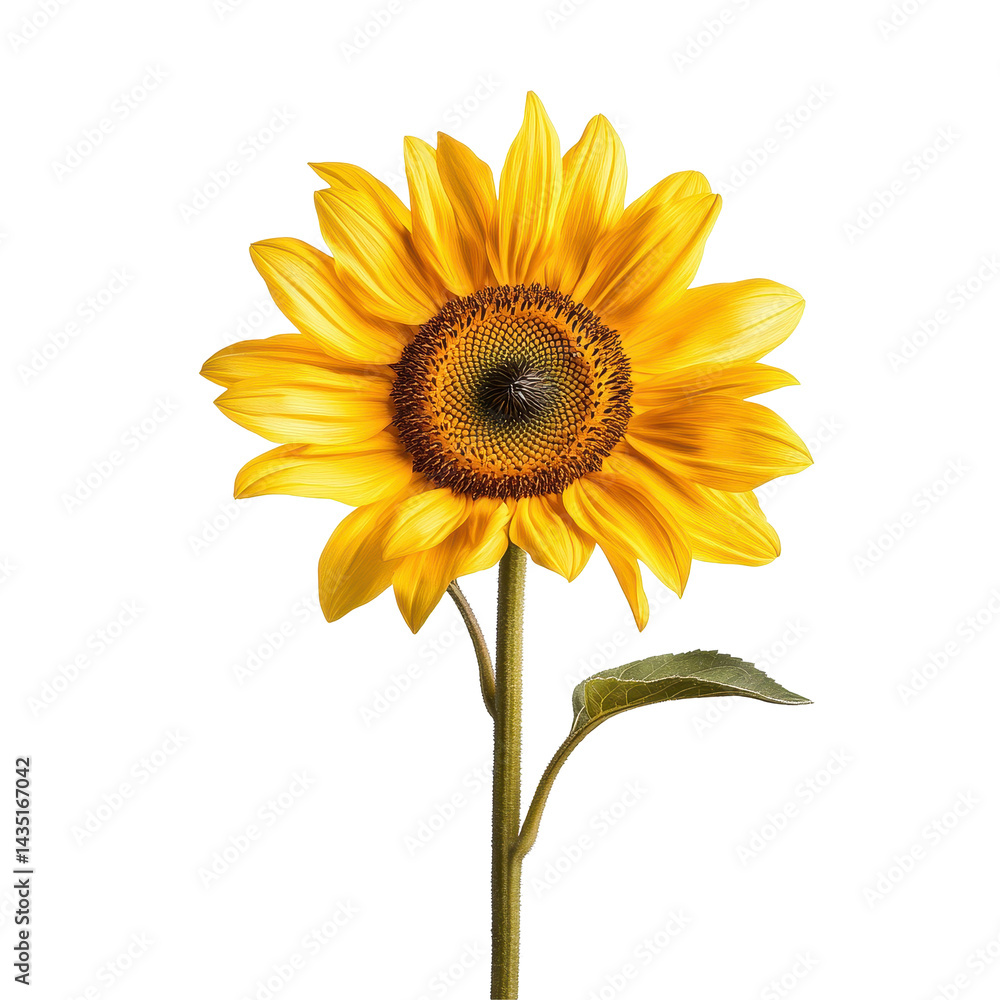 Fototapeta premium Closeup of vibrant yellow sunflower showcasing its intricate details and curved green stem, Closeup view yellow sunflower with curved stem, isolated on Transparent background