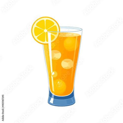 Fresh orange juice illustration with ice cubes and slice for summer drink and healthy beverage concept