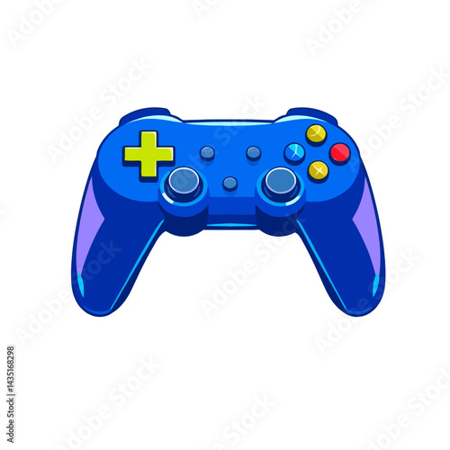 Blue gaming controller illustration for video games and console entertainment system with joystick and buttons