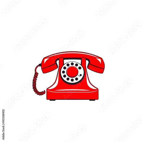 Red vintage rotary phone illustration for communication device and old technology telephone retro design