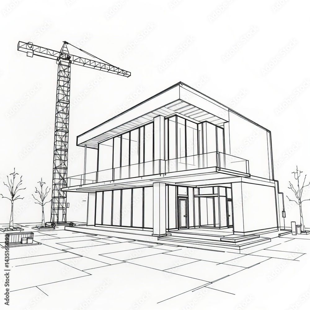 Fototapeta premium Architectural sketch of a modern house design with a construction crane nearby showing a contemporary home blueprint.