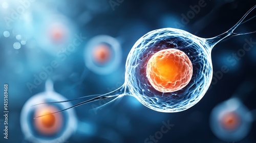 A detailed image of a cell, showcasing its structure with a prominent nucleus, set against a blurred background of additional cells.