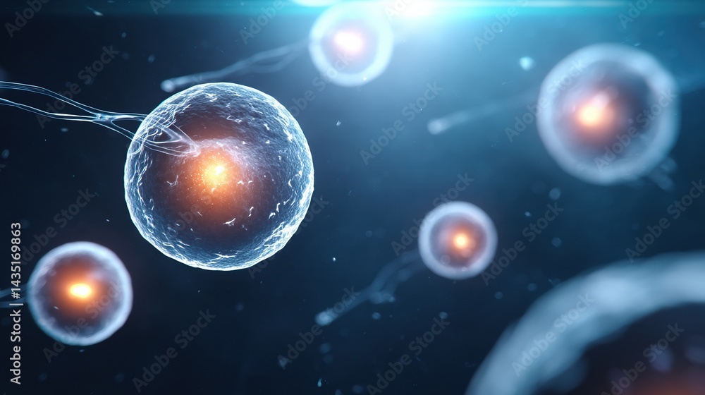 Fototapeta premium A visually striking depiction of cells in a microscopic view, showcasing their intricate structures and vibrant energy sources.