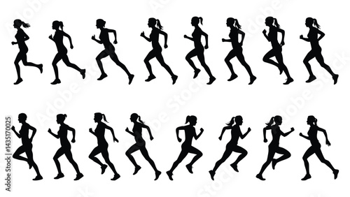 Vector silhouettes of women and girls in sport show black outline illustration of running people, a marathon runner, and a soccer player in action