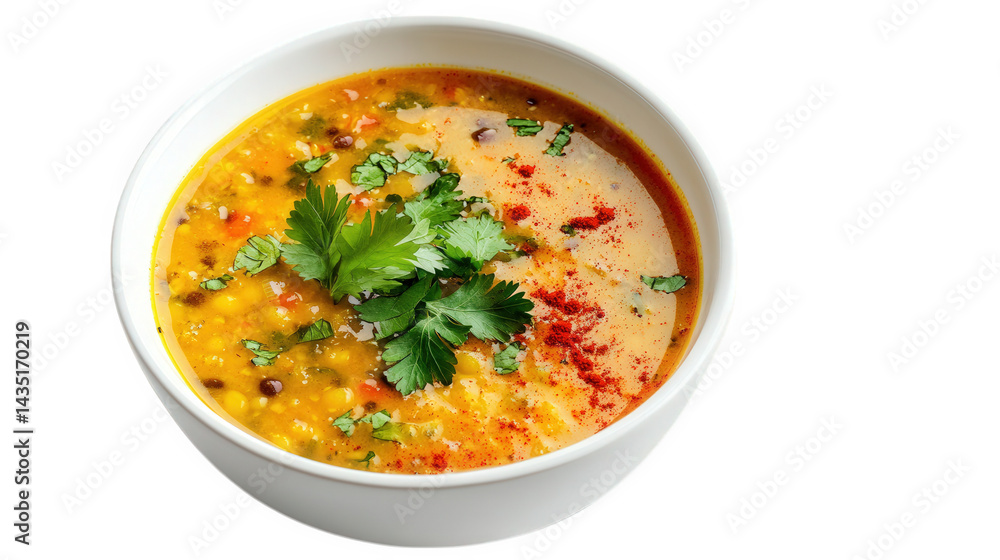 bowl of vibrant. steaming soup garnished with fresh cilantro and a sprinkle of spices. showcasing a rich blend of ingredients that suggest a hearty and flavorful dish it invites enjoyment and warmth. bowl of vibrant. steaming soup garnished with fresh cilantro and a sprinkle of spices. showcasing a rich blend of ingredients that suggest a hearty and flavorful dish it invites enjoyment and warmth.