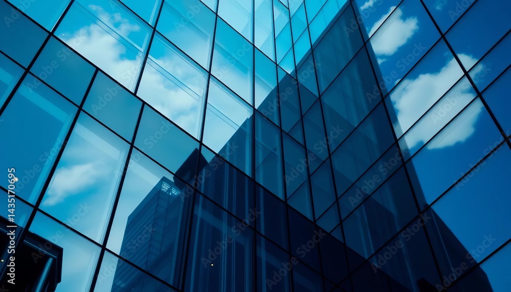 Fototapeta premium Sleek glass and steel modern building facade, empty sky reflection, neutral, blue