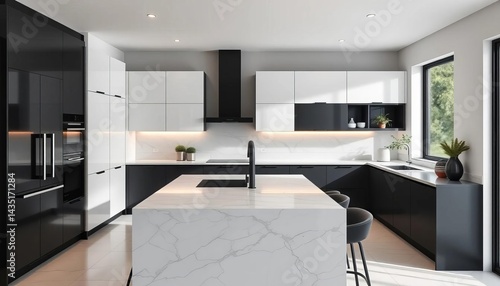 Sleek handleless kitchen, black accents, marble island, minimalist design, black, perspective