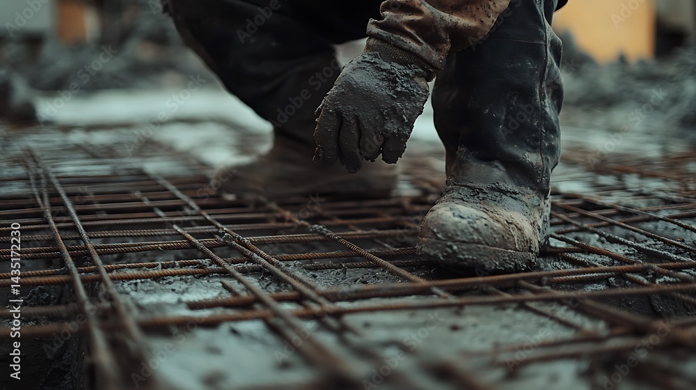 Construction Worker on Reinforced Concrete Grid Construction Worker on Reinforced Concrete Grid