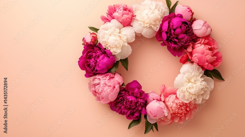Gradient floral wreath with peonies transitioning from bright magenta to soft blush pink, fading gently into pure white, isolated on a muted pastel peach background. Gradient floral wreath with peonies transitioning from bright magenta to soft blush pink, fading gently into pure white, isolated on a muted pastel peach background.