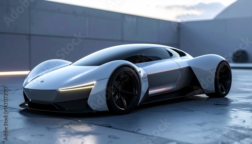 A high-tech concept vehicle with an aerodynamic body, smooth matte finish, and glowing accent lines, parked on a sleek platform.