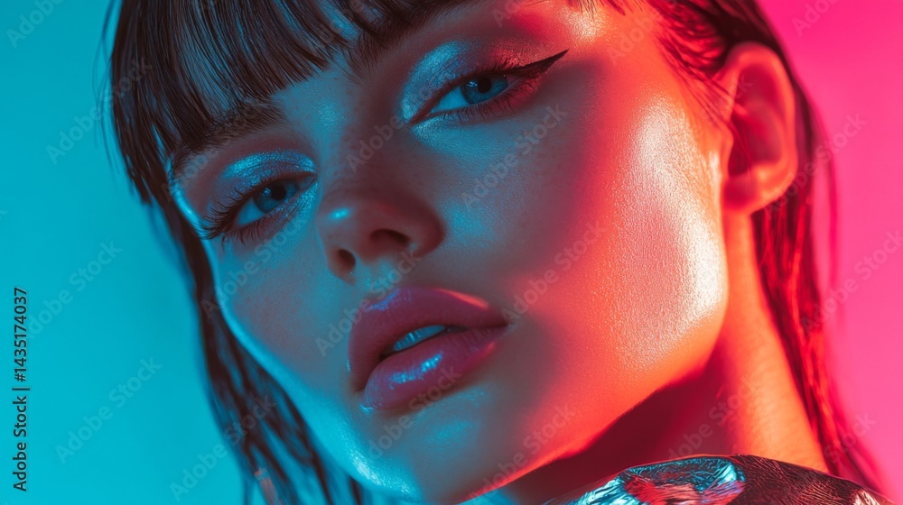 Stunning portrait of a model with captivating eyes. Bold colors enhance her beauty. This image showcases modern aesthetics and fashion. Generative AI