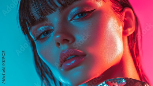 Obraz na płótnie Stunning portrait of a model with captivating eyes. Bold colors enhance her beauty. This image showcases modern aesthetics and fashion. Generative AI w salonie