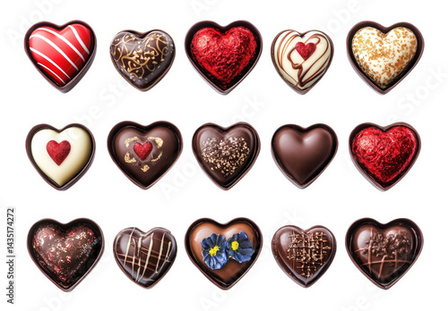 an assortment of heart-shaped chocolates. elegantly arranged in a grid each chocolate features unique designs and decorations. with various colors and textures. making it an enticing treat ideal for r
