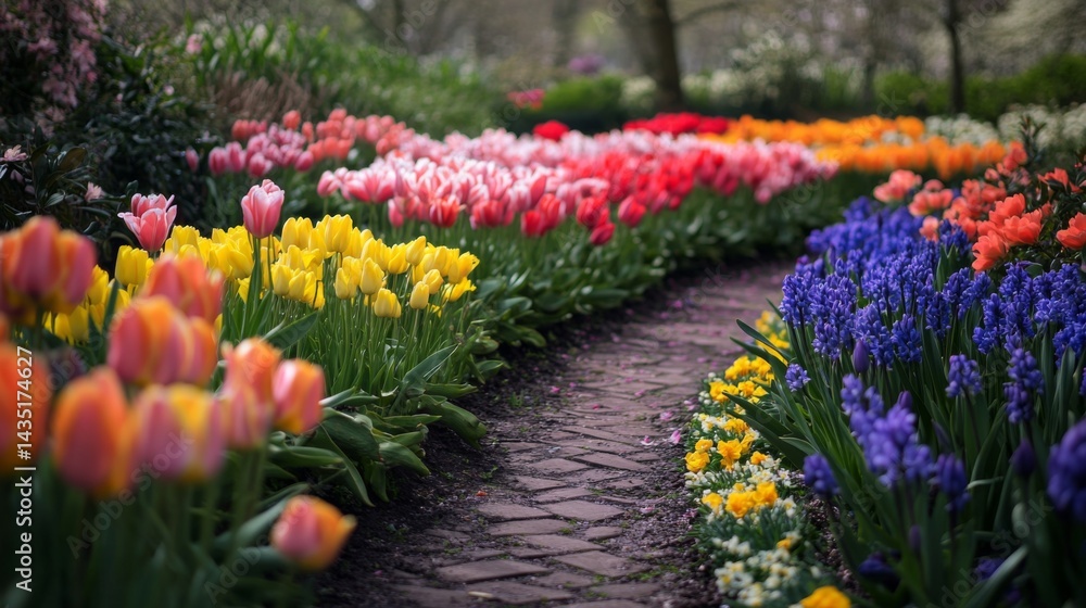 A vibrant path through a colorful flower garden invites serenity and joy. Blooms of tulips, hyacinths, and daffodils create a picturesque scene. Generative AI