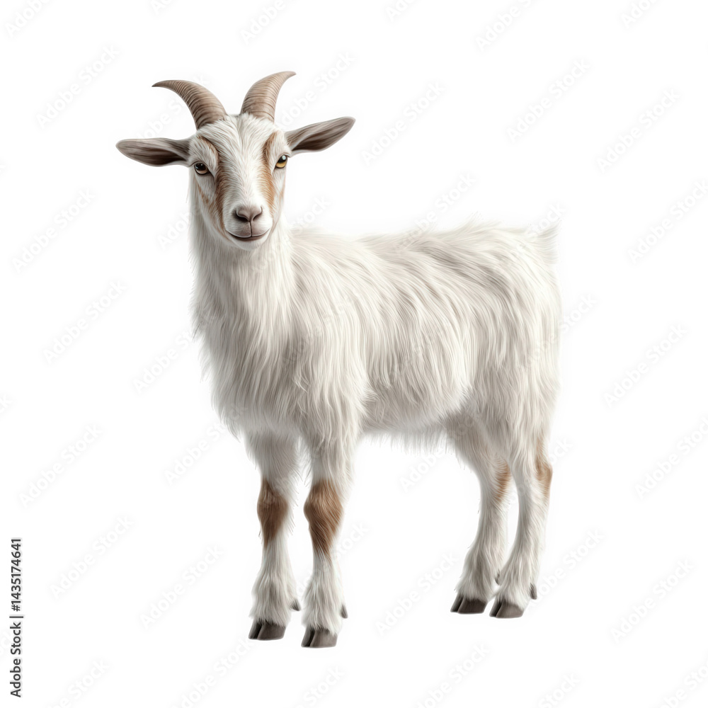 realistic depiction of a white goat with light brown markings. standing on a plain white background the goat has a fluffy coat and distinct curved horns. showcasing its natural features this represent realistic depiction of a white goat with light brown markings. standing on a plain white background the goat has a fluffy coat and distinct curved horns. showcasing its natural features this represent