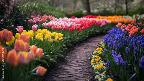 Obraz na płótnie A vibrant path through a colorful flower garden invites serenity and joy. Blooms of tulips, hyacinths, and daffodils create a picturesque scene. Generative AI w salonie