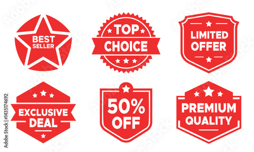 Promotional badges red vector set of best seller, top choice, 50% off, limited offer, premium quality, exclusive deal, badges and label