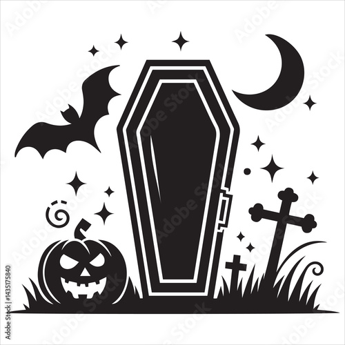 Halloween haunted coffin silhouette, minimalist vector