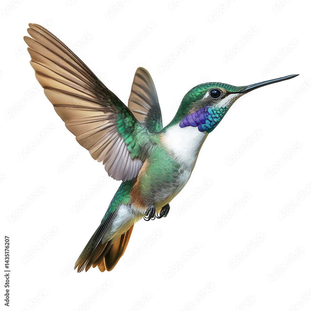 Obraz premium colorful hummingbird in mid-flight. showcasing its iridescent feathers and delicate wings against a white background the vibrant colors and dynamic pose highlight the beauty and agility of this small