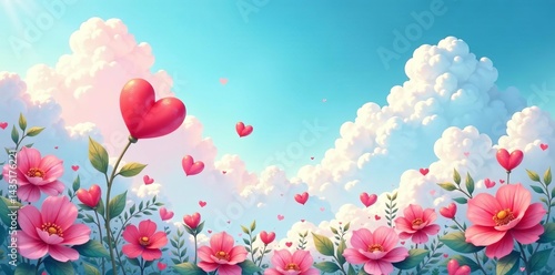 Fototapeta Naklejka Na Ścianę i Meble -  Dreamy watercolor clouds with heart flowers floating in a serene sky, watercolor, sky