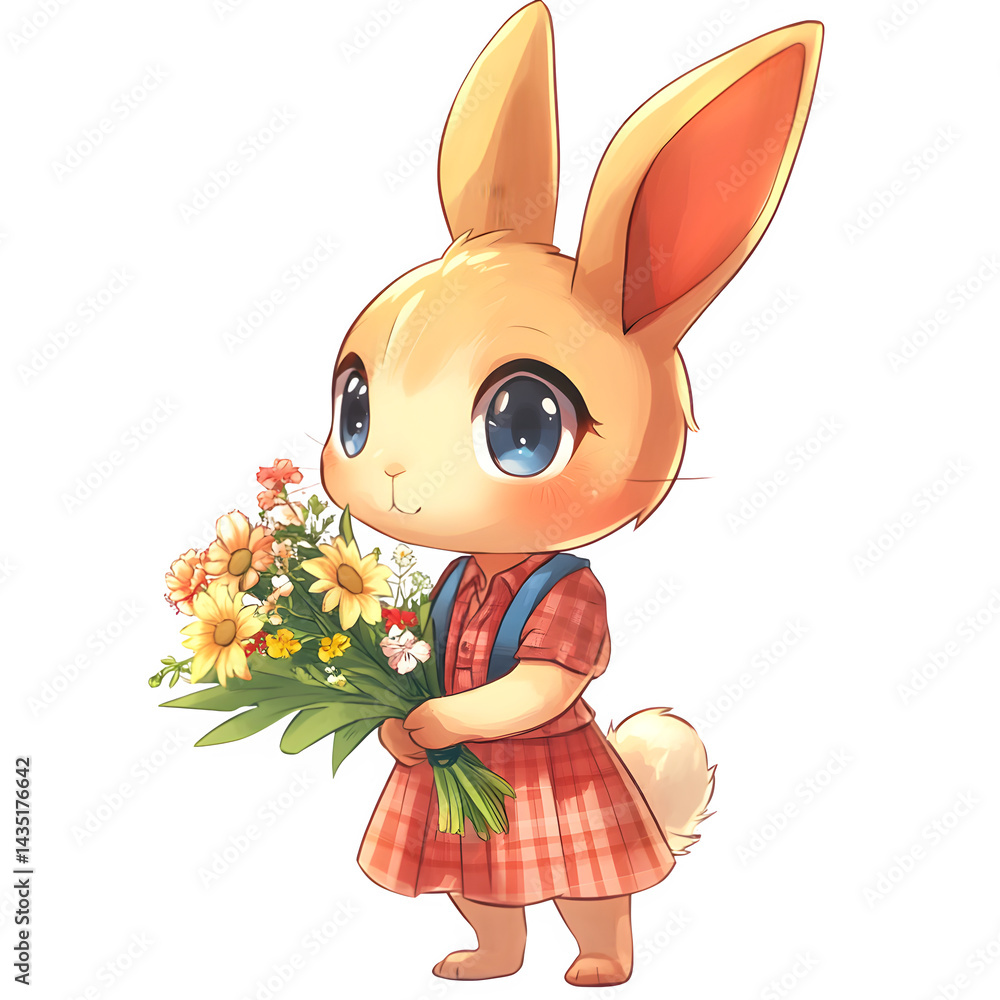 Fototapeta premium A charming cartoon bunny holding a bouquet of flowers wearing a red dress with blue overalls