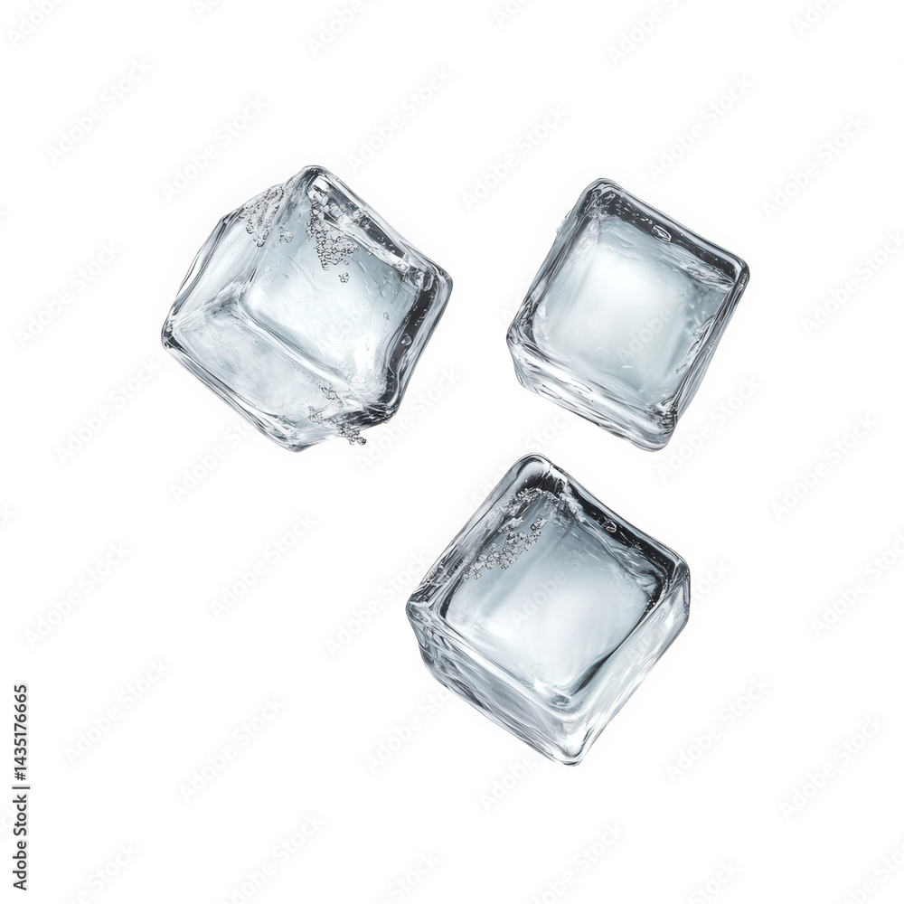 Obraz premium three clear ice cubes arranged on a white background. showcasing their transparent texture and sharp edges the focus on the ice cubes suggests a purpose related to cooling beverages or culinary presen