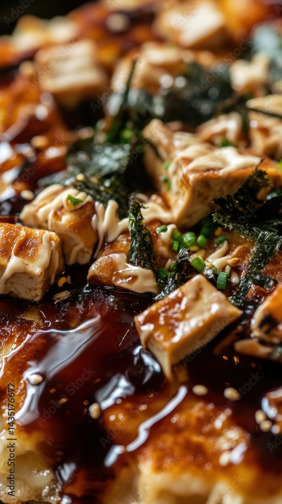 Close up of Okonomiyaki Japanese savory pancake with tofu seaweed and sauce delicious meal presentation culinary art food photography style Close up of Okonomiyaki Japanese savory pancake with tofu seaweed and sauce delicious meal presentation culinary art food photography style