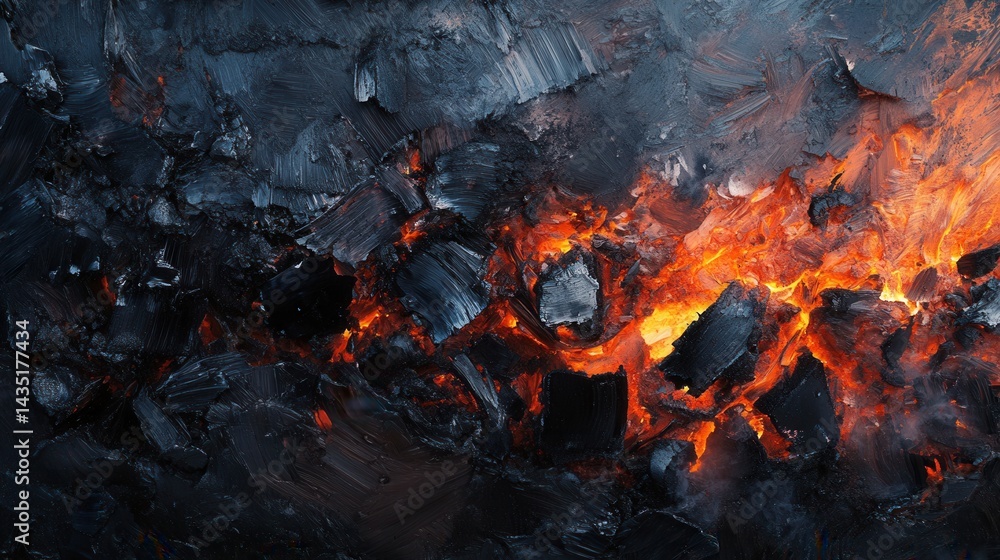 Fiery Embers Glowing with Intense Heat and Dark Charcoal Texture Abstract Macro Photography of Burning Coal with Orange Flames and Black Ash Detail Fiery Embers Glowing with Intense Heat and Dark Charcoal Texture Abstract Macro Photography of Burning Coal with Orange Flames and Black Ash Detail