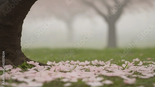 Misty orchard floor strewn with delicate pink petals