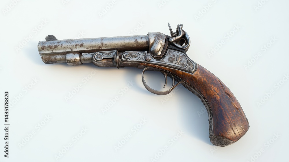 This vintage pistol showcases exquisite craftsmanship and historical significance. An elegant blend of wood and metal. A must-see for collectors and history enthusiasts. Generative AI