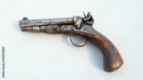 Obraz na płótnie This vintage pistol showcases exquisite craftsmanship and historical significance. An elegant blend of wood and metal. A must-see for collectors and history enthusiasts. Generative AI w salonie