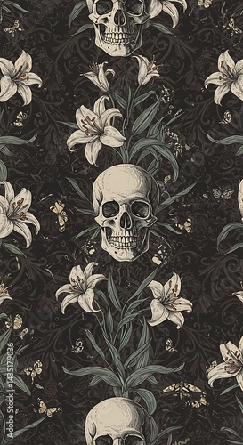 Skulls & Lilies: A Dark Bloom AI Generated