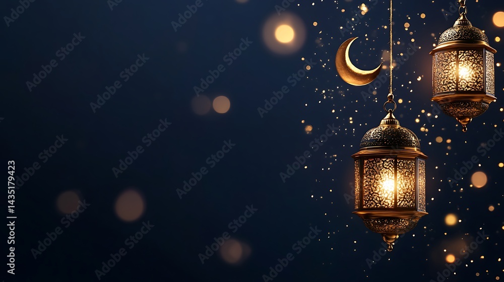 Ramadan Kareem: Festive Golden Lanterns and Crescent Moon Ramadan Kareem: Festive Golden Lanterns and Crescent Moon