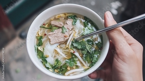 Bowl of Vietnamese Pho with chopsticks, close-up. Delicious noodle soup